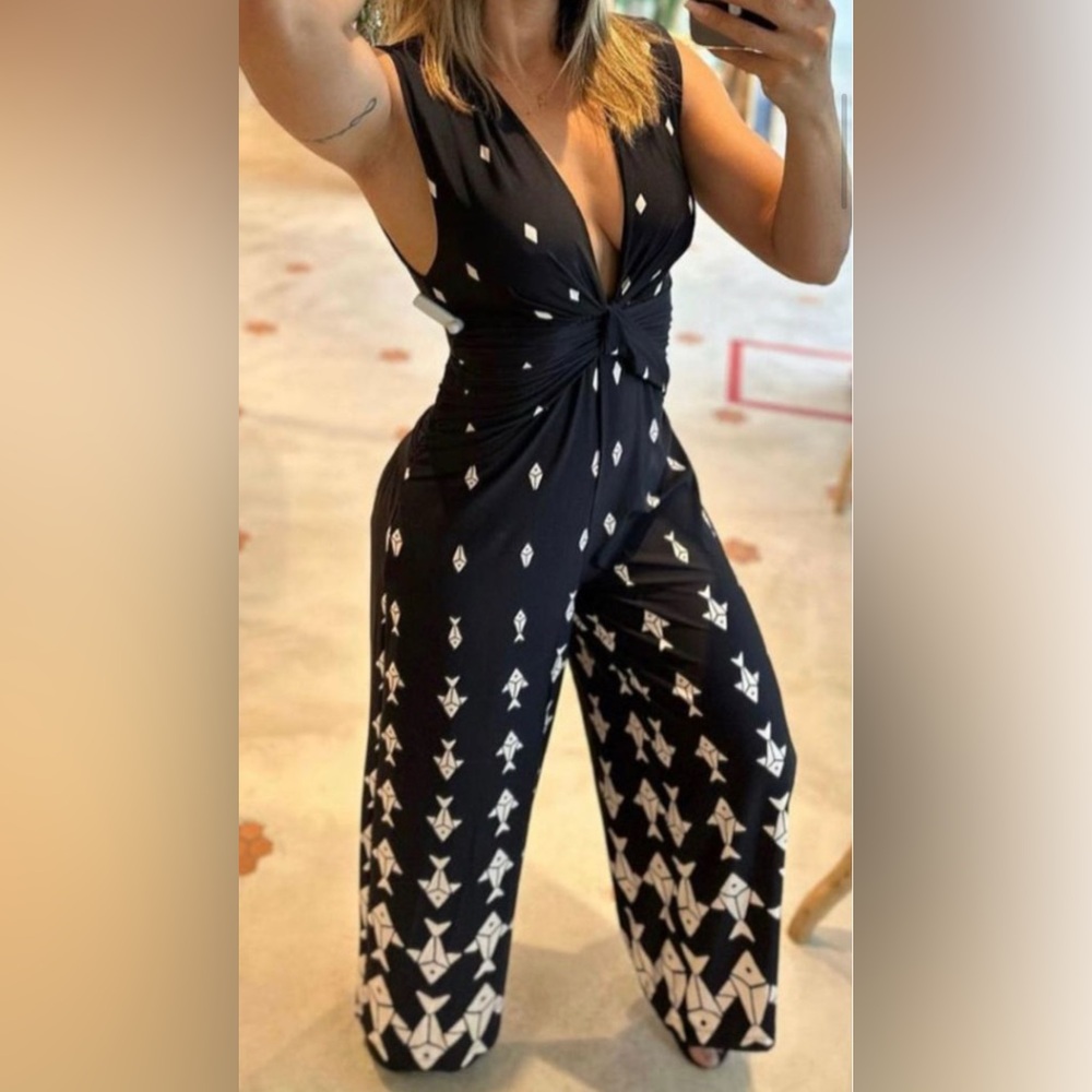 Farm Rio Black and White fish pattern jumpsuit  size small/4 NWT